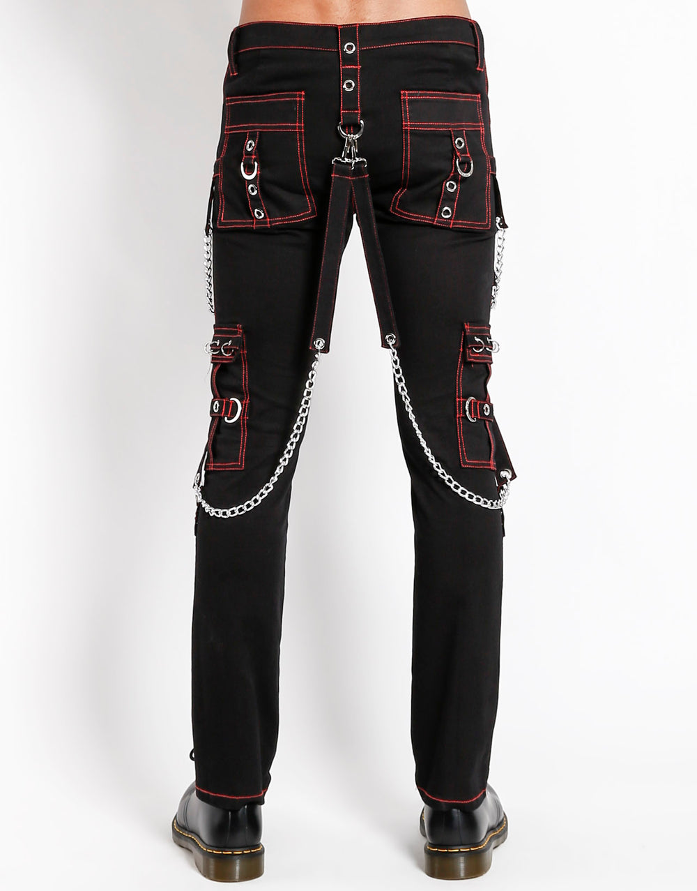 Gothic Punk Hose Schwarz Rot – mit Ketten, Riemen & Nieten – Unisex Slim Fit