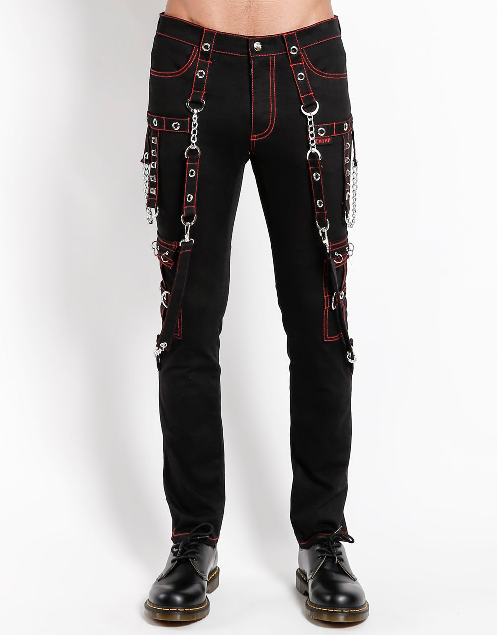Gothic Punk Hose Schwarz Rot – mit Ketten, Riemen & Nieten – Unisex Slim Fit