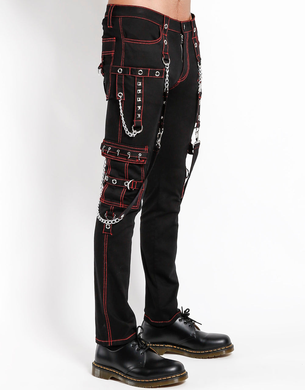 Gothic Punk Hose Schwarz Rot – mit Ketten, Riemen & Nieten – Unisex Slim Fit