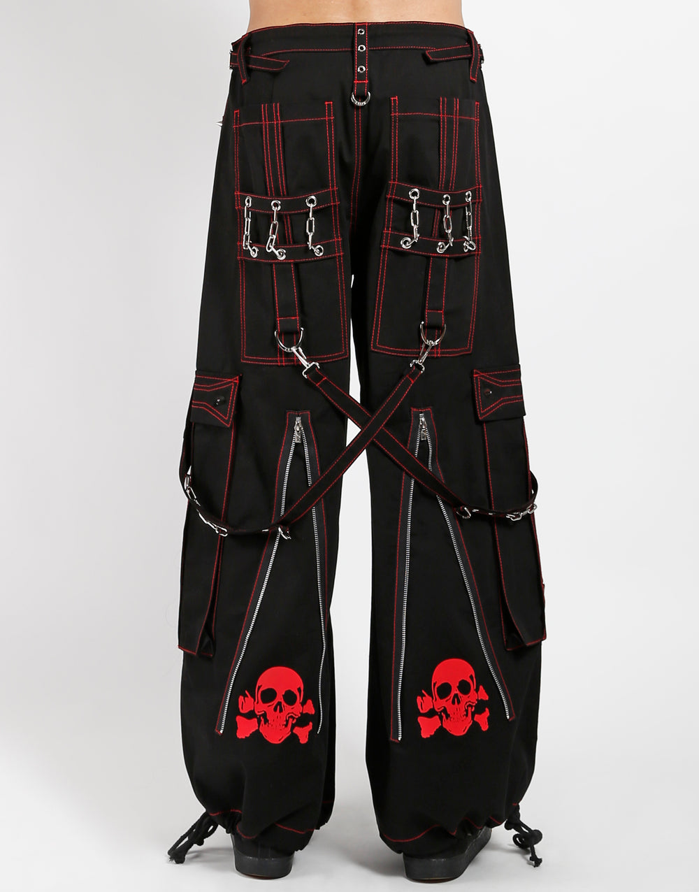 BACK UP SKULL Hose – Gothic Hose Schwarz mit Totenköpfen & roten Nähten