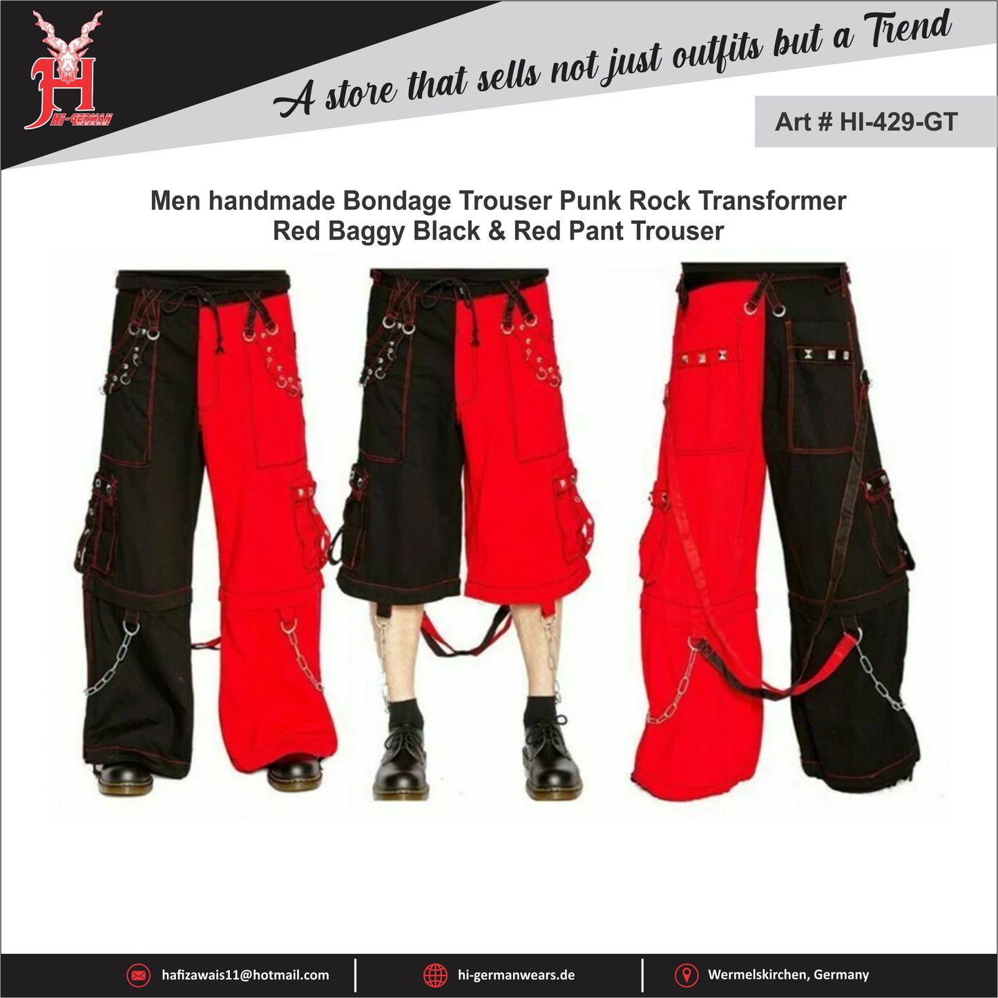Punk Rock Transformer Baggy Black Split Leg Tripp Pants Black/Red Pants /EMO