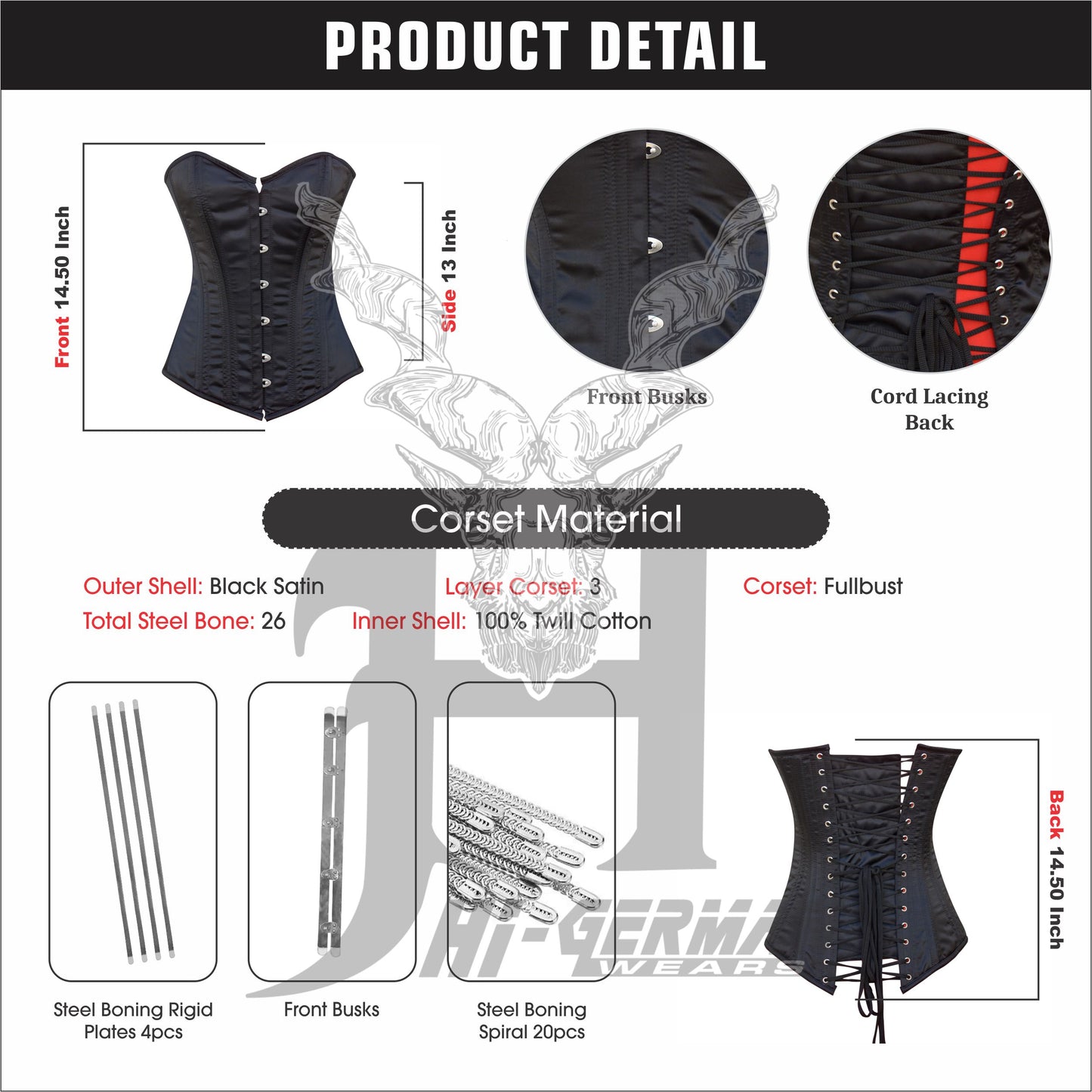 Women’s Overbust Black Satin Corset – Doppelstahl Überbrust Korsett Gothic Waist Trainer