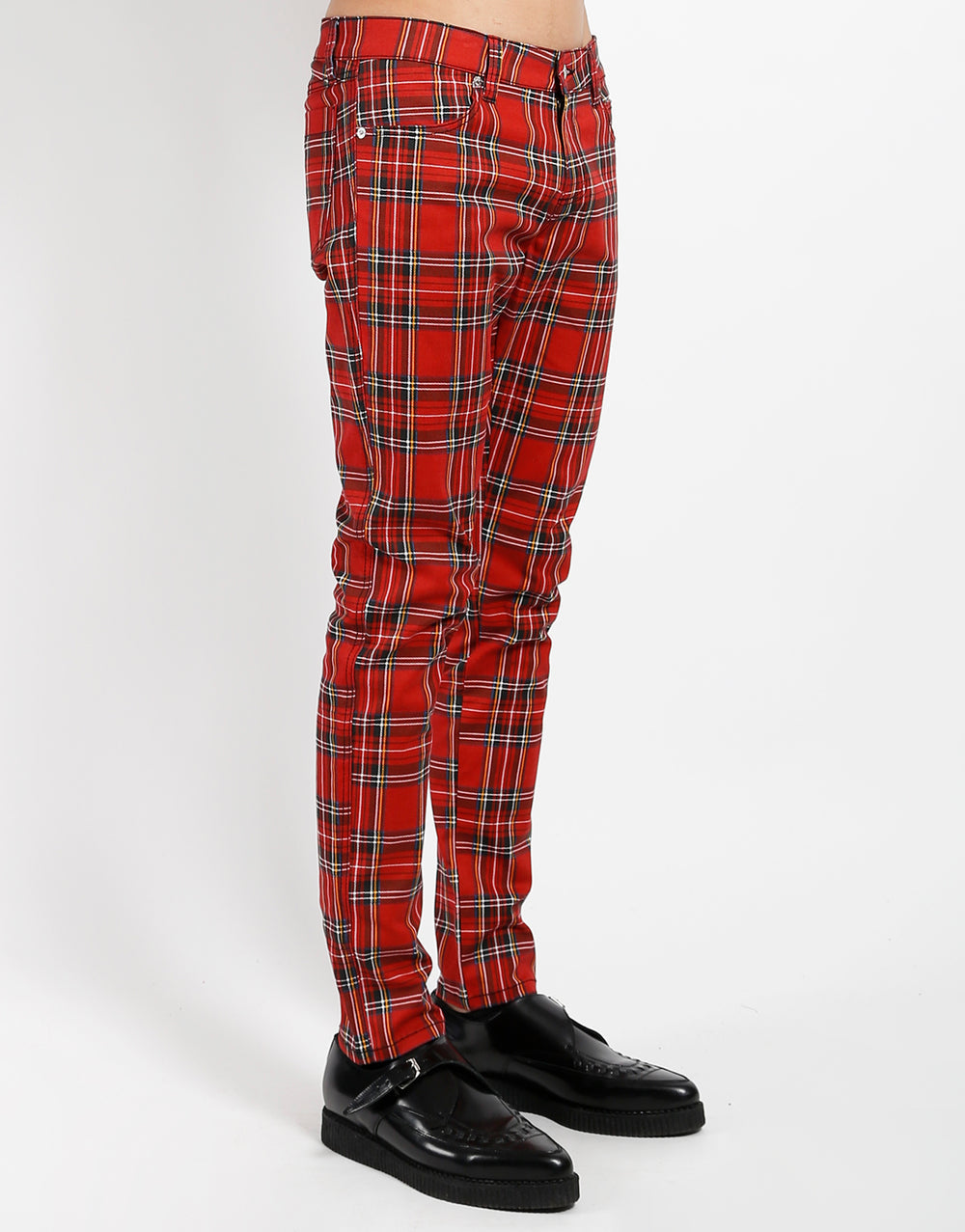 Rocker Jeans Rot Tartan – Slim Fit, Stretch Denim, Reißverschluss, Skinny