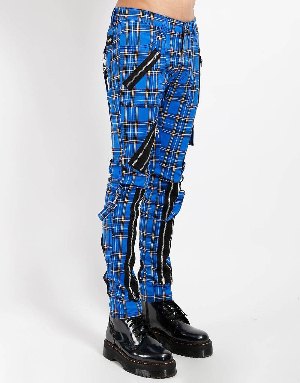 Gothic Hose Blau Kariert – Slim Fit, Riemen, Reißverschlüsse, Unisex Punk