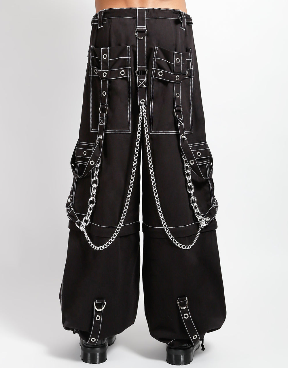 Zip-Off Hose Schwarz – Weiße Nähte, Ketten, Riemen, Unisex mit D-Ringen