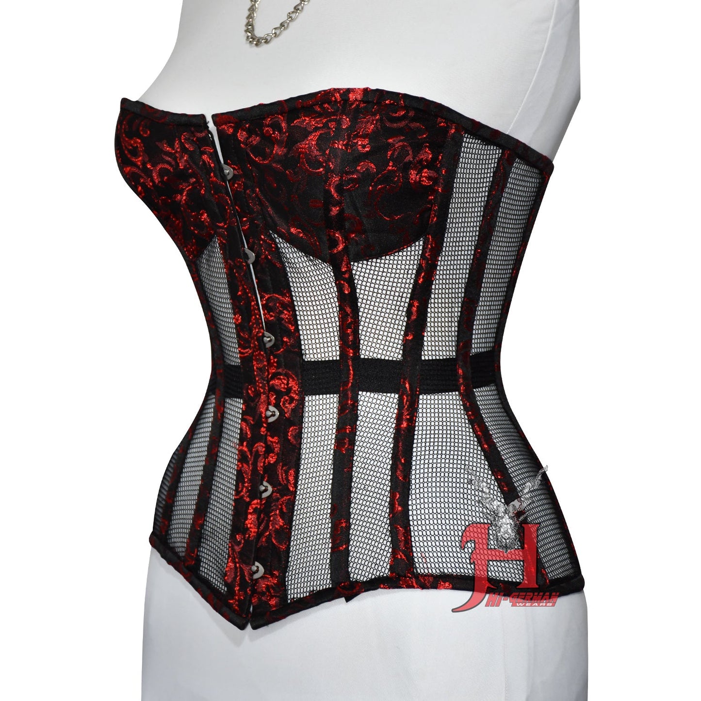 Handmade Women Red Brocade Mesh Overbust Steel Boned Waist Trainer Corsets Hi-106 Overbust Corsage Cotton White Black Mesh