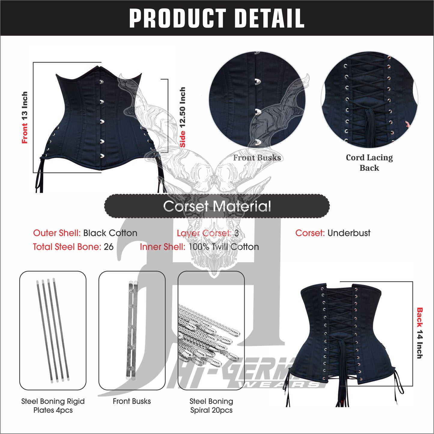 Underbust Black Cotton Corset for Women – Double Steel Boned with Side Laces Gothic Waist Trainer / Unterbrust Korsett Damen