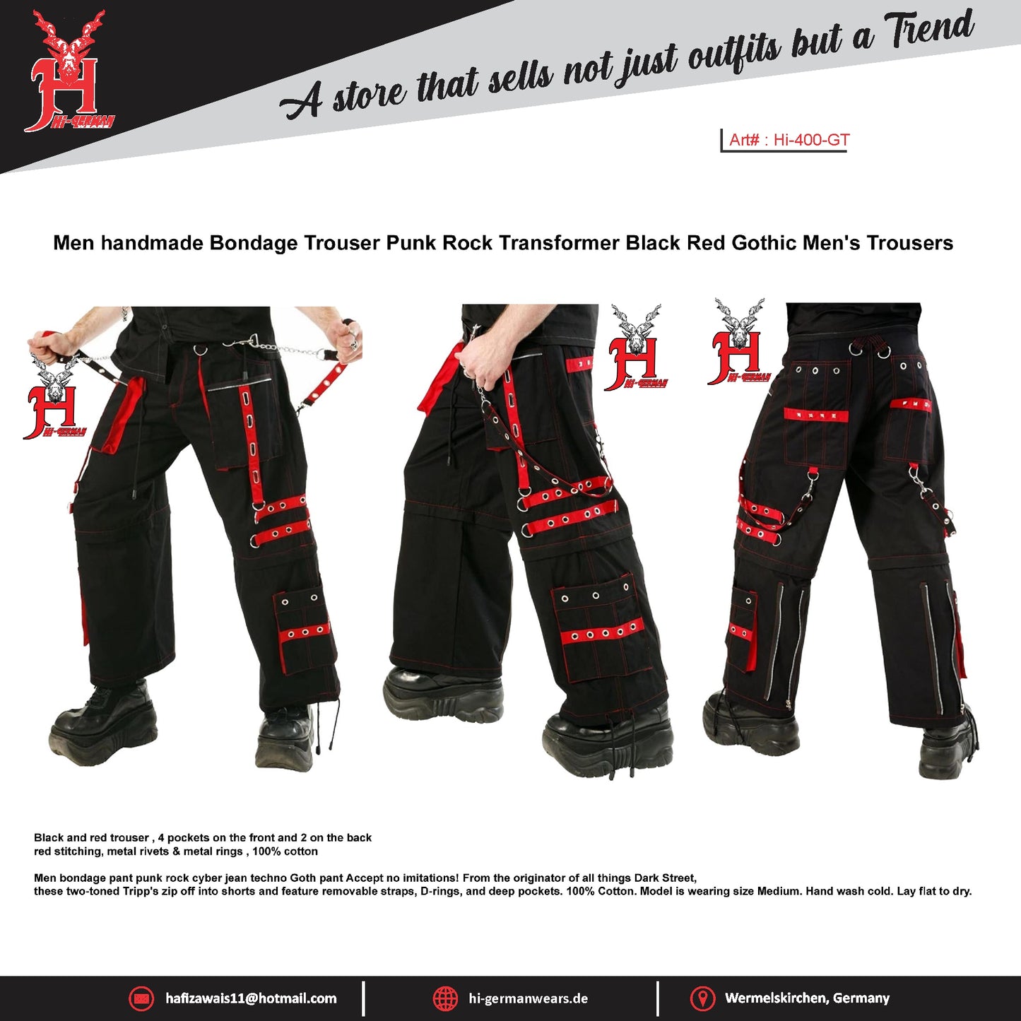 Men handmade Trouser Punk Rock Transformer Black Red Gothic Trousers