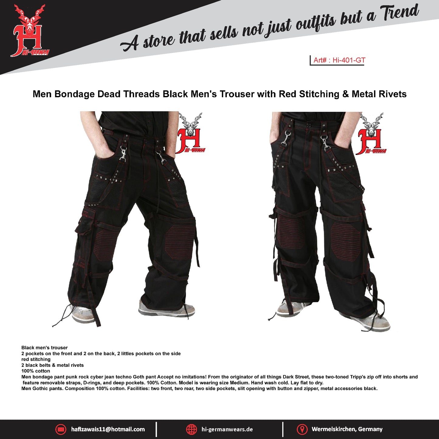 Gothic Herren Hose Schwarz Rot Cyberpunk Techwear mit Ketten & Trägern
