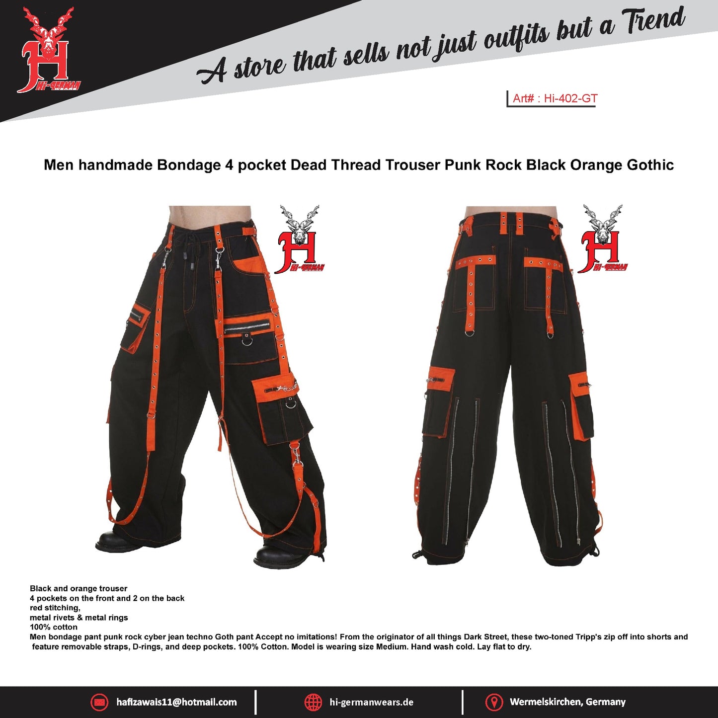 Gothic Herren Hose Schwarz Orange – Ketten Träger Techwear Punk Rave Style
