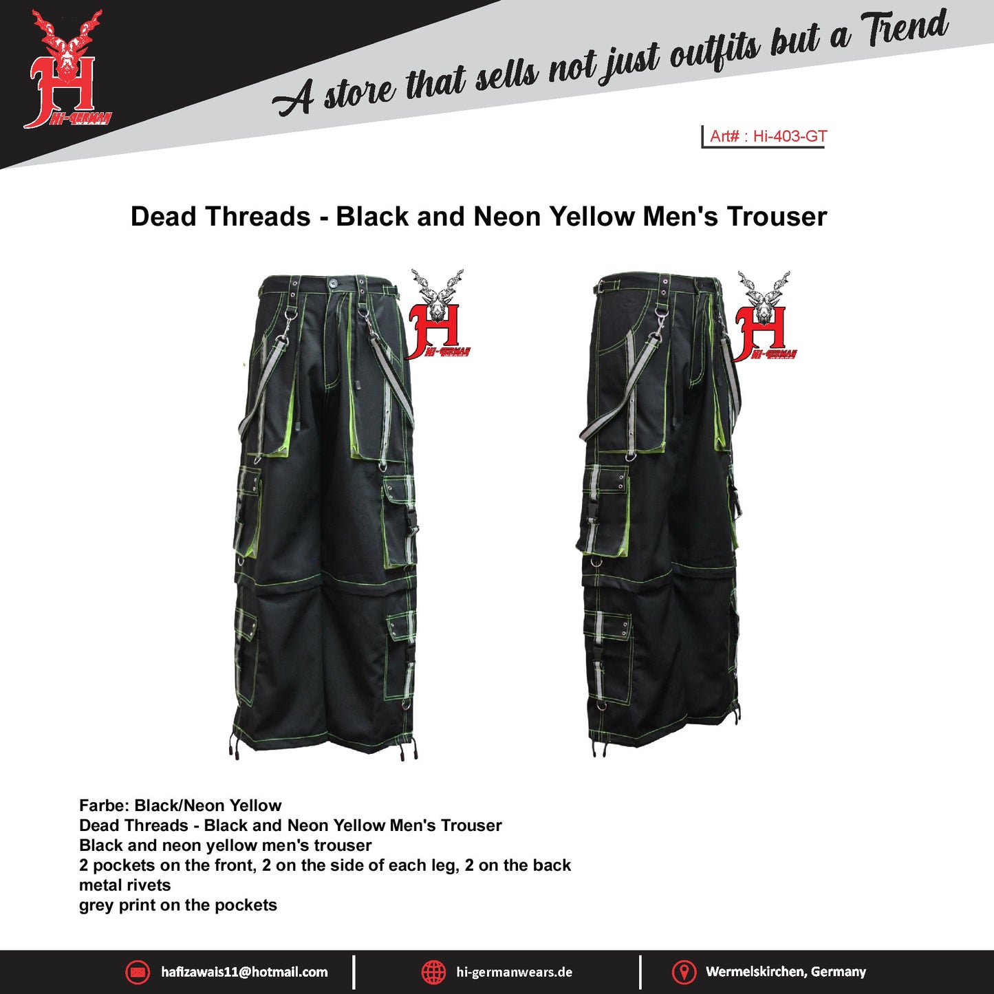 Gothic Hose Herren Schwarz Neongrün – Techwear Rave Cargo mit Trägern