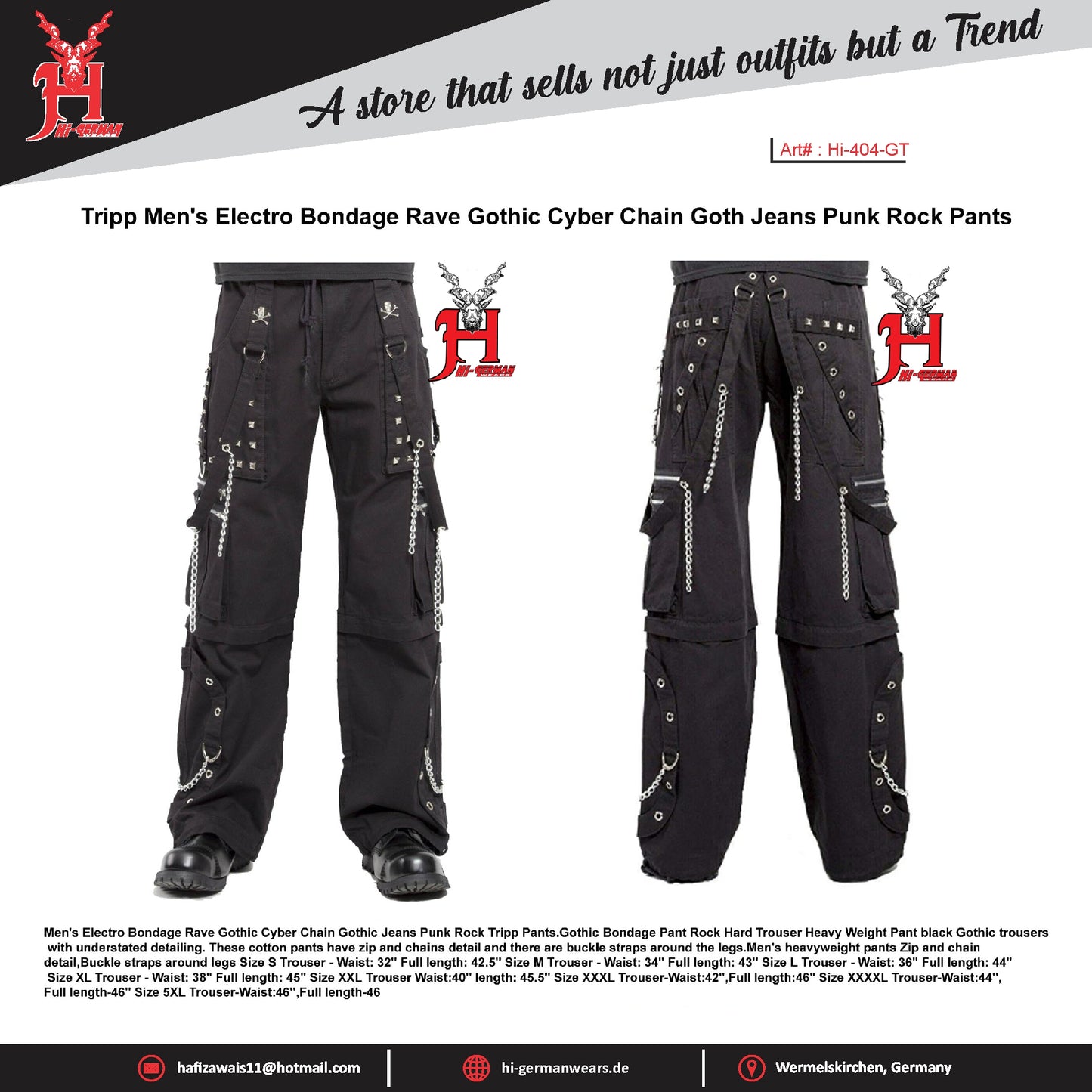 Tripp Men’s Electro trouser Rave Gothic Cyber Chain Goth Jeans Punk Rock Pants