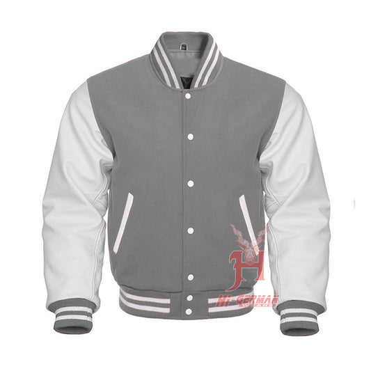 Gray Wool Varsity-Jacke mit White Leather Sleeves – Unisex Retro College Letterman Bomberjacke Gothic Streetwear