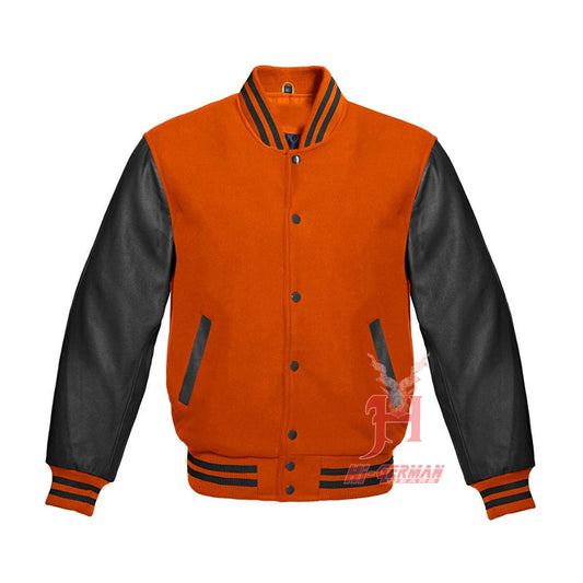 Orange Wool & Black Leather Varsity Jacke – Unisex Collegejacke im Retro Bomber Gothic Style | Handmade & Custom Fit