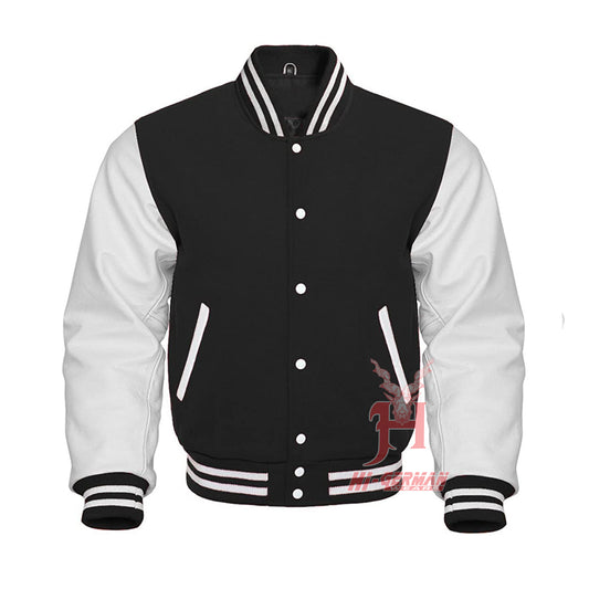 Unisex Gothic Varsity Collegejacke – Black Wool & White Leather Sleeves | Retro Bomber Streetwear Jacke