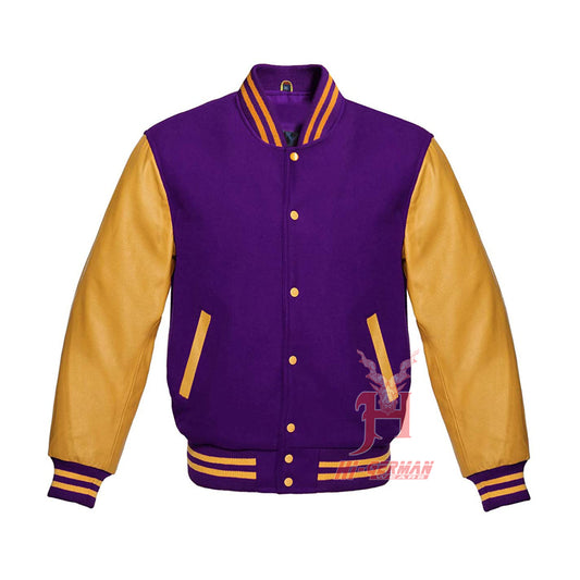 Hi-GERMANWEARS Purple Wool & Gold Leather Varsity Jacke – Unisex College Bomber | Gothic Retro Streetwear Style