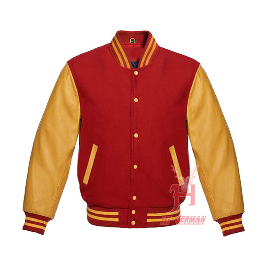 Bold Red Collegejacke aus Wolle mit goldenen Lederärmeln – Unisex Gothic Letterman Bomber Retro Jacke