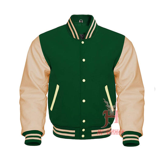 Forest Green Wool & Cream Leather Varsity Jacke – Unisex College Bomber | Retro Gothic Style | Baseball Letterman Jacket Handmade