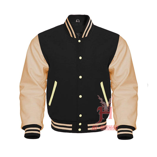 Black Wool Varsity-Jacke mit Cream Leather Sleeves – Unisex Retro College Letterman Style