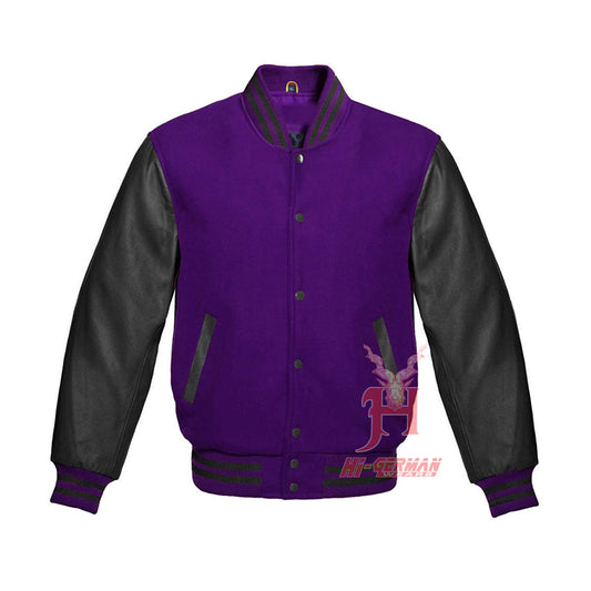 Purple Wool & Black Leather Collegejacke – Gothic Unisex Varsity Jacket | Retro Bomber Style für Damen & Herren