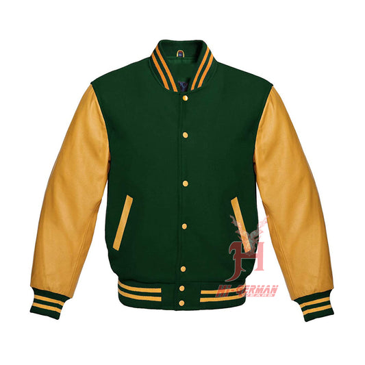 Hi-GERMANWEARS Forest Green Wool & Gold Leather Varsity Jacke – Gothic College Bomber | Retro Streetwear Unisex Letterman