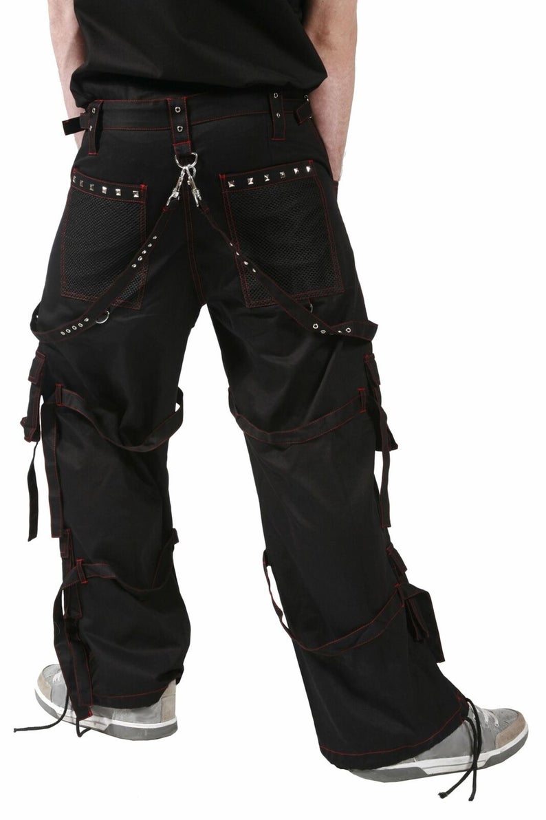 Gothic Herren Hose Schwarz Rot Cyberpunk Techwear mit Ketten & Trägern