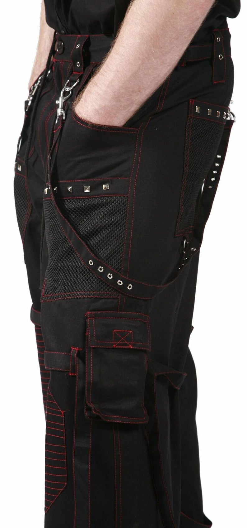 Gothic Herren Hose Schwarz Rot Cyberpunk Techwear mit Ketten & Trägern