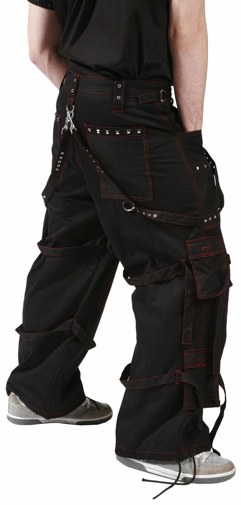 Gothic Herren Hose Schwarz Rot Cyberpunk Techwear mit Ketten & Trägern
