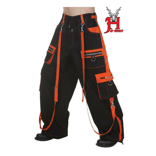 Gothic Herren Hose Schwarz Orange – Ketten Träger Techwear Punk Rave Style