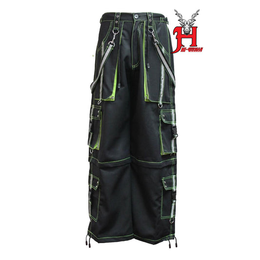 Gothic Hose Herren Schwarz Neongrün – Techwear Rave Cargo mit Trägern