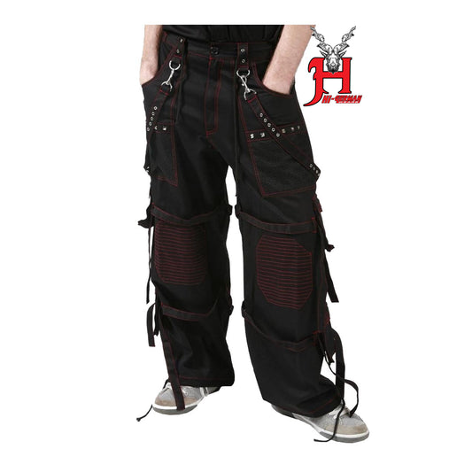 Gothic Herren Hose Schwarz Rot Cyberpunk Techwear mit Ketten & Trägern