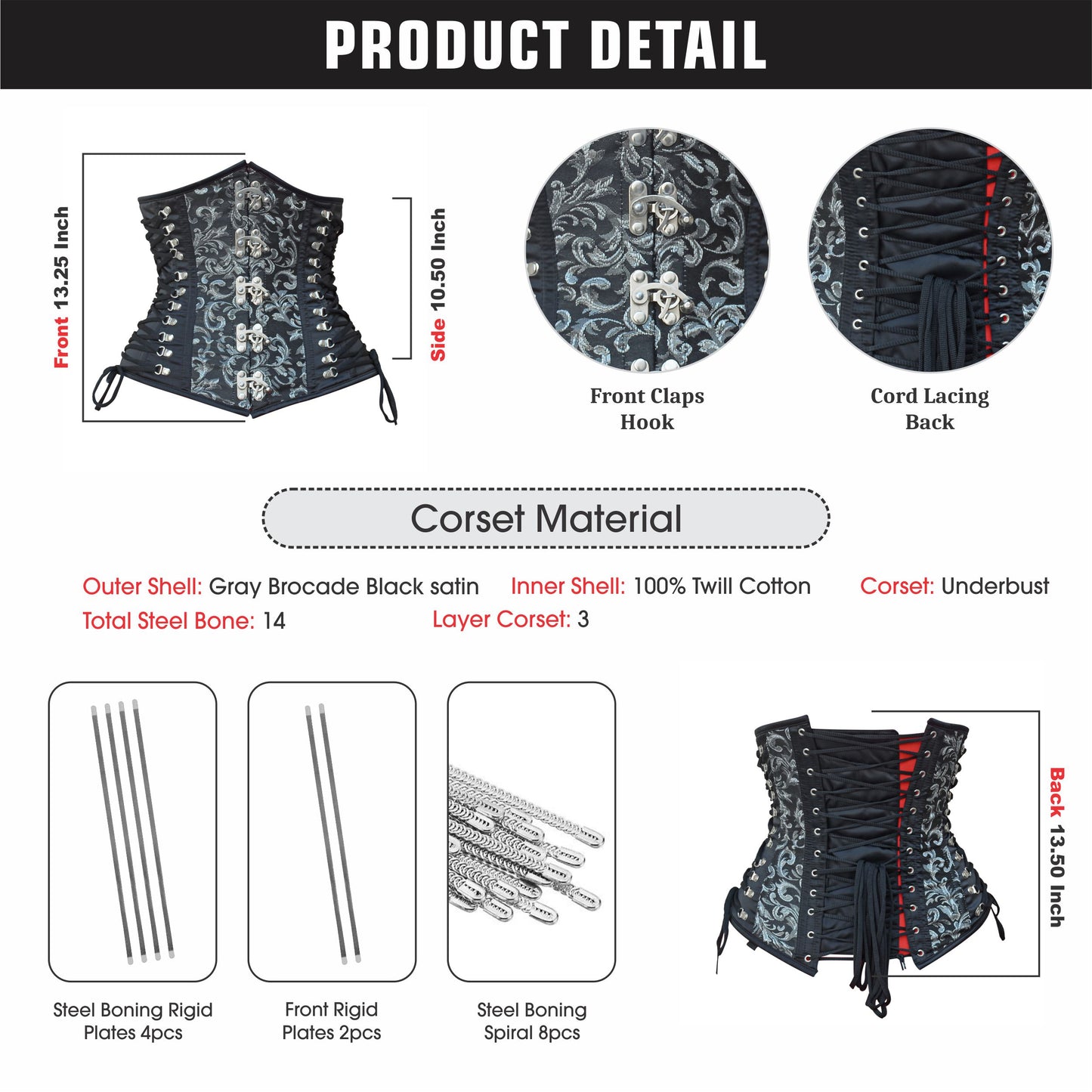 Women's Steel Boned Underbust Brocade Steampunk Body Shaper Hourglass Corset