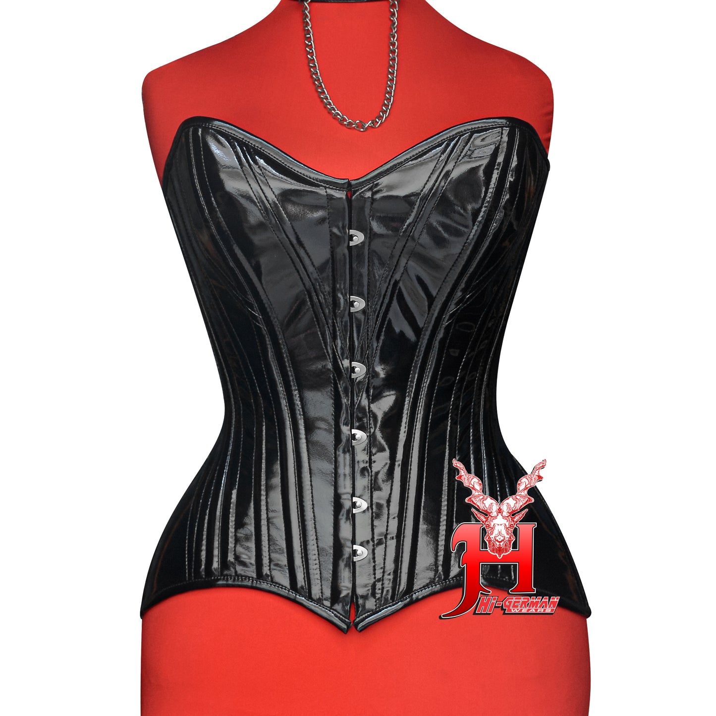 Women’s Overbust Black PVC Double Steel Boned Corset | Overbust Korsett Schwarz