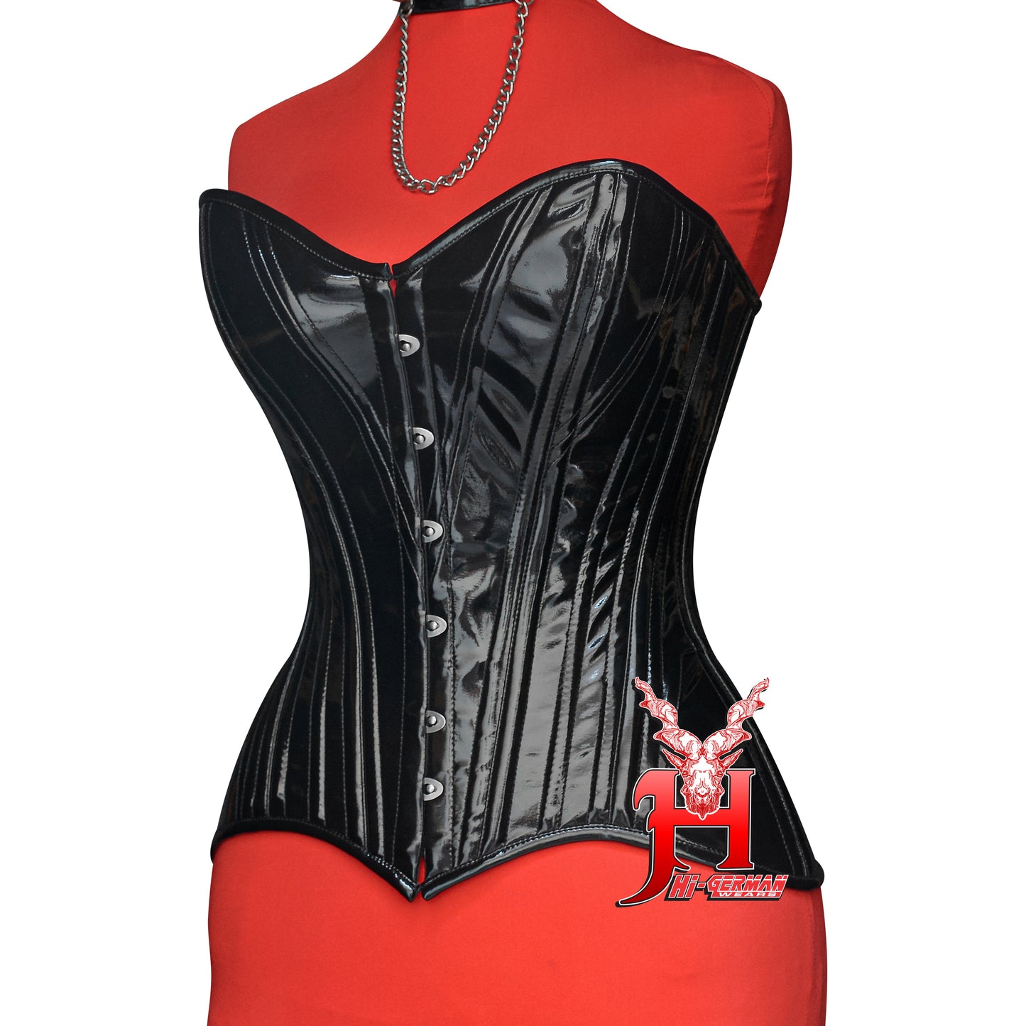 Women’s Overbust Black PVC Double Steel Boned Corset | Overbust Korsett Schwarz