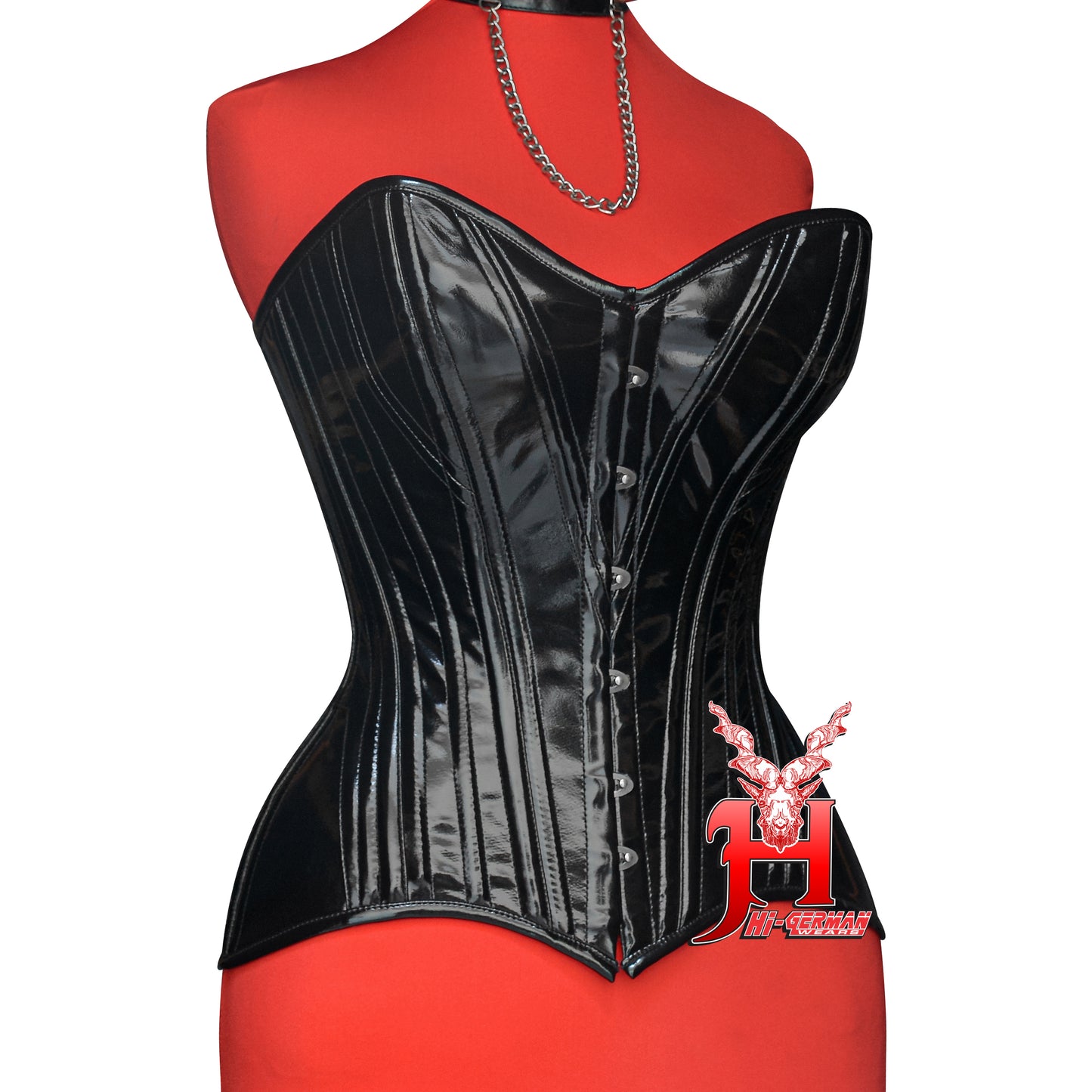 Women’s Overbust Black PVC Double Steel Boned Corset | Overbust Korsett Schwarz