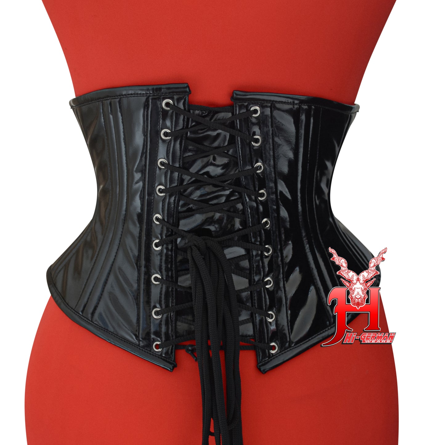 Women’s Underbust Black PVC Corset – Double Steel Boned – Gothic Waist Training