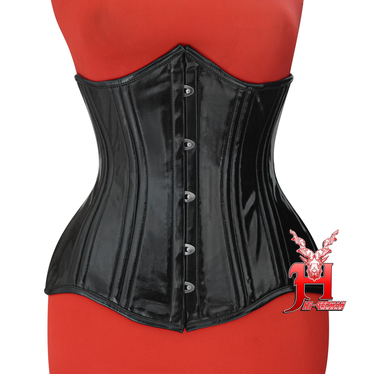 Women’s Underbust Black PVC Corset – Double Steel Boned Waist Trainer – Gothic Steampunk Waist Shaper | Unterbrust Korsett Schwarz