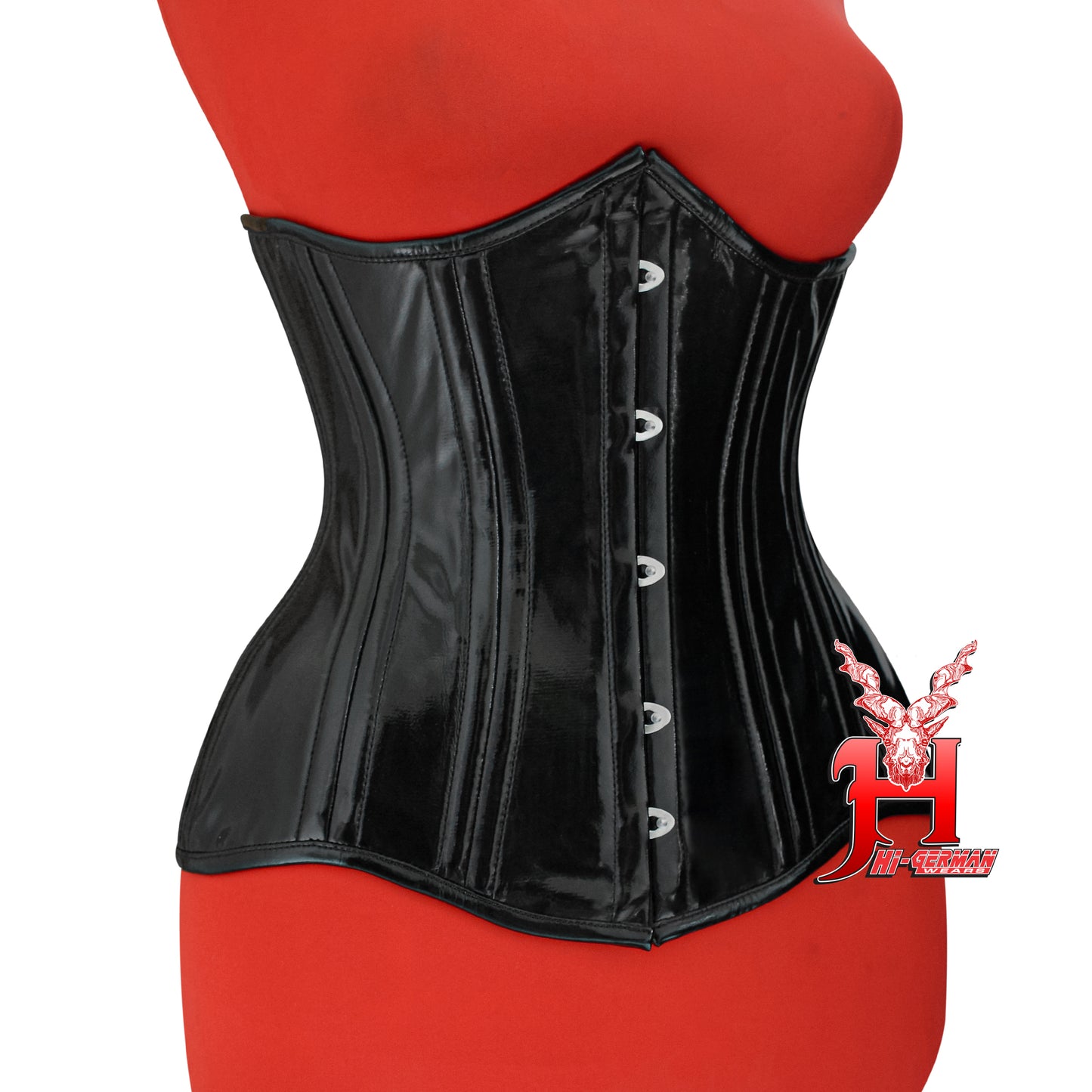 Women’s Underbust Black PVC Corset – Double Steel Boned Waist Trainer – Gothic Steampunk Waist Shaper | Unterbrust Korsett Schwarz