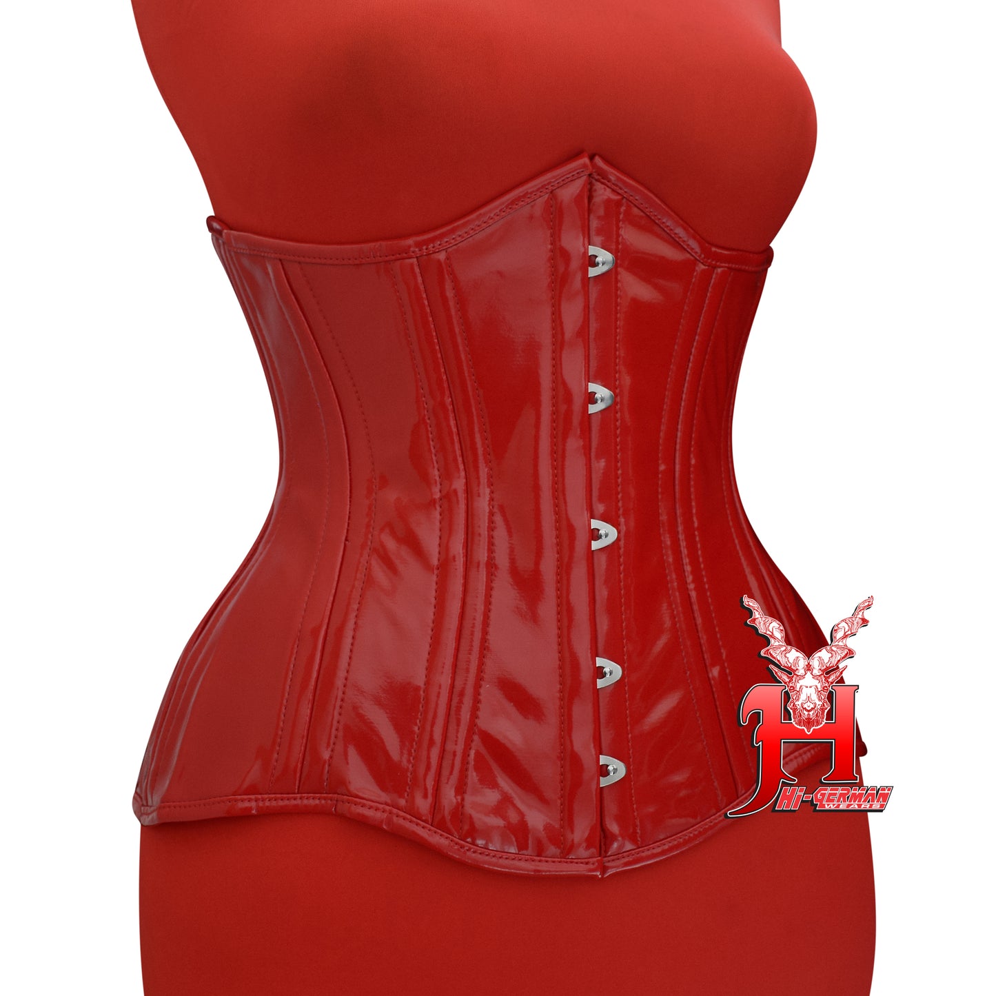 Women’s Underbust Red PVC Corset – Double Steel Boned Waist Trainer – Gothic Steampunk Waist Shaper | Unterbrust Korsett Rot