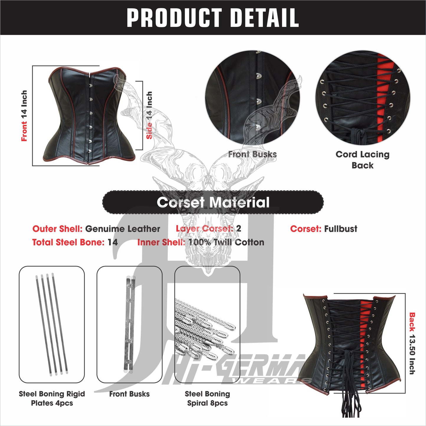 Women's Vollbrust Corsage Schwarz Leder Korsett Gothic Overbust Leather Corset Top