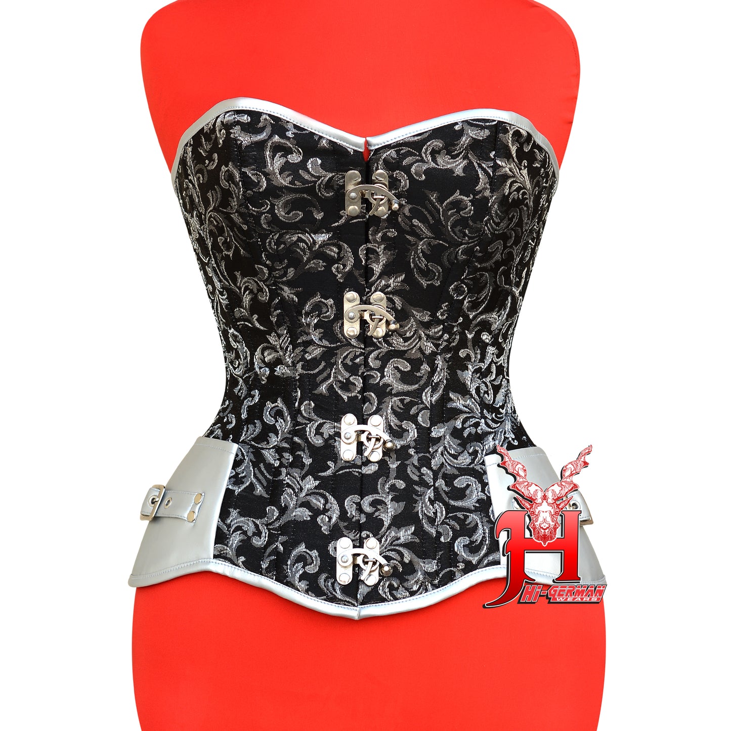 Silver Brocade Overbust Korsett Damen – Faux Leather Steampunk Top