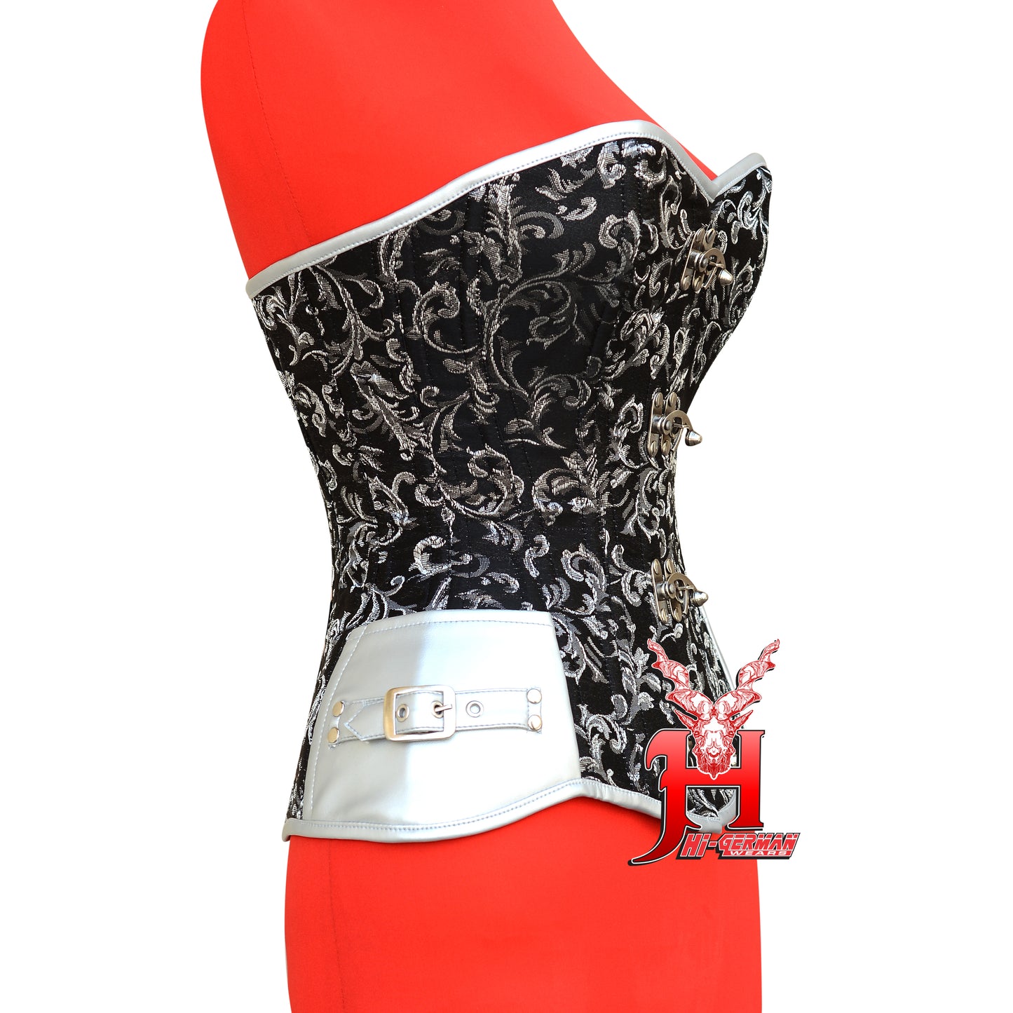 Silver Brocade Overbust Korsett Damen – Faux Leather Steampunk Top