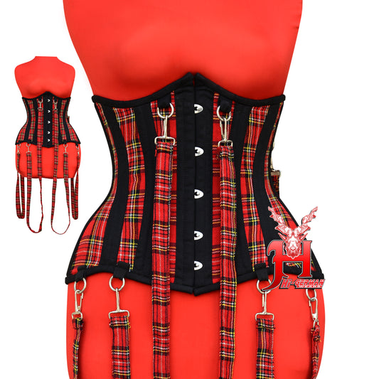 Damen Korsett – Red Tartan Steampunk Victorian Corset / Steel Boned Cotton