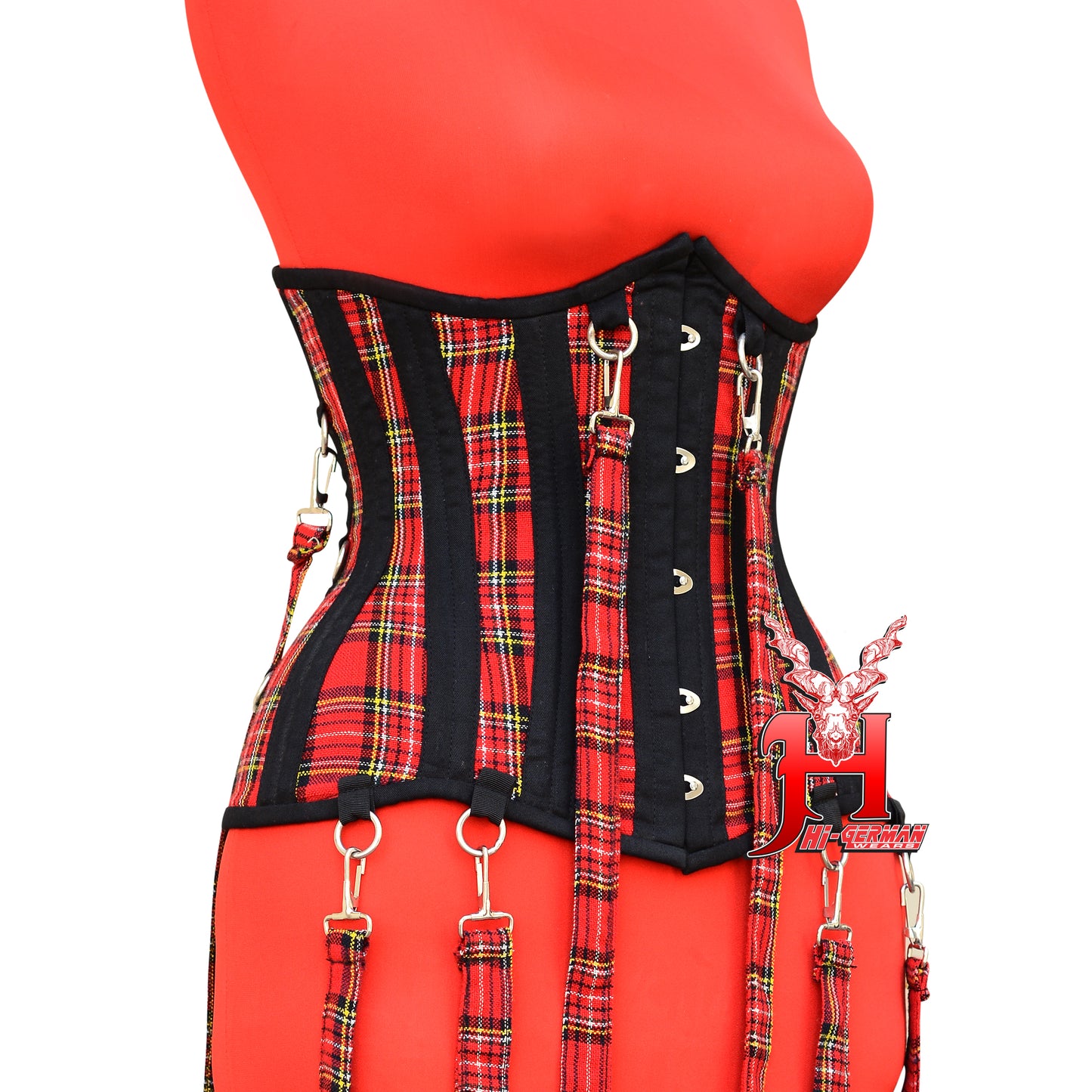 Damen Korsett – Red Tartan Steampunk Victorian Corset / Steel Boned Cotton