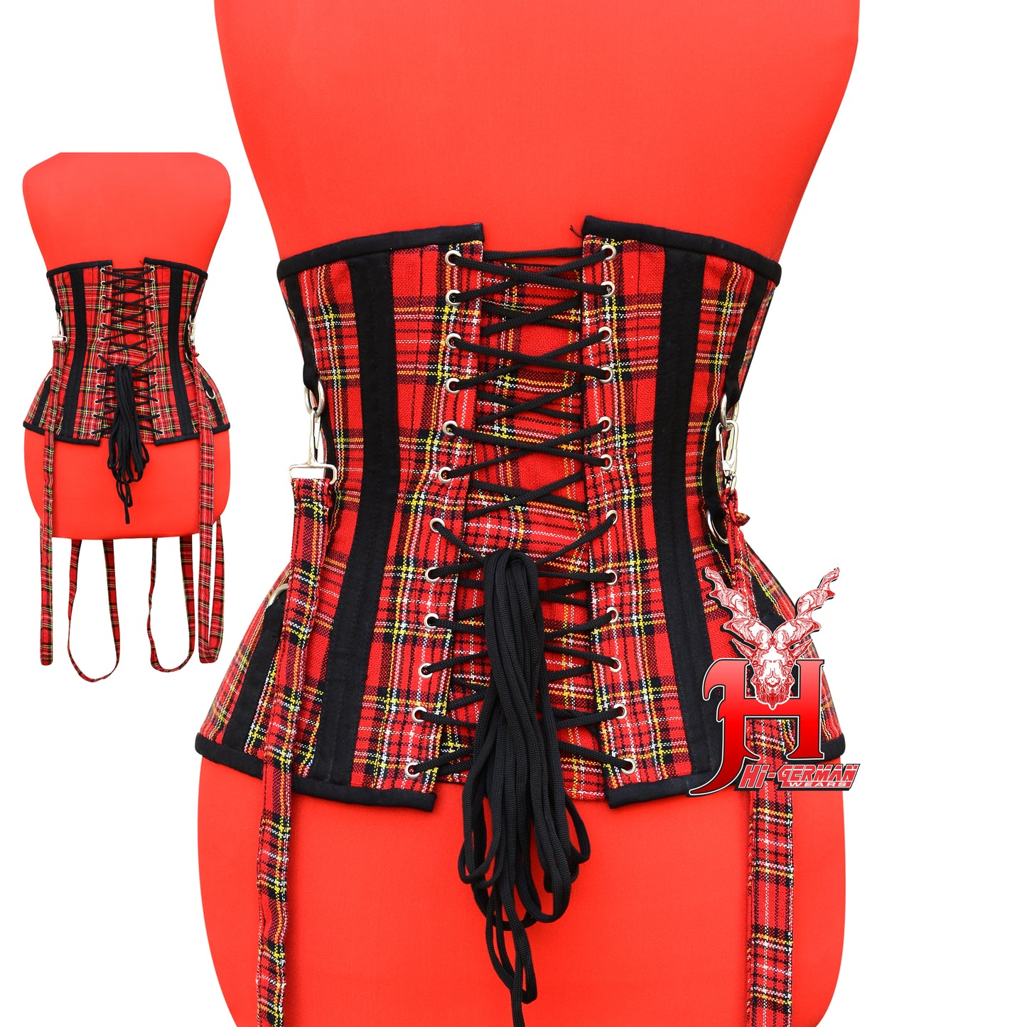 Damen Korsett – Red Tartan Steampunk Victorian Corset / Steel Boned Cotton