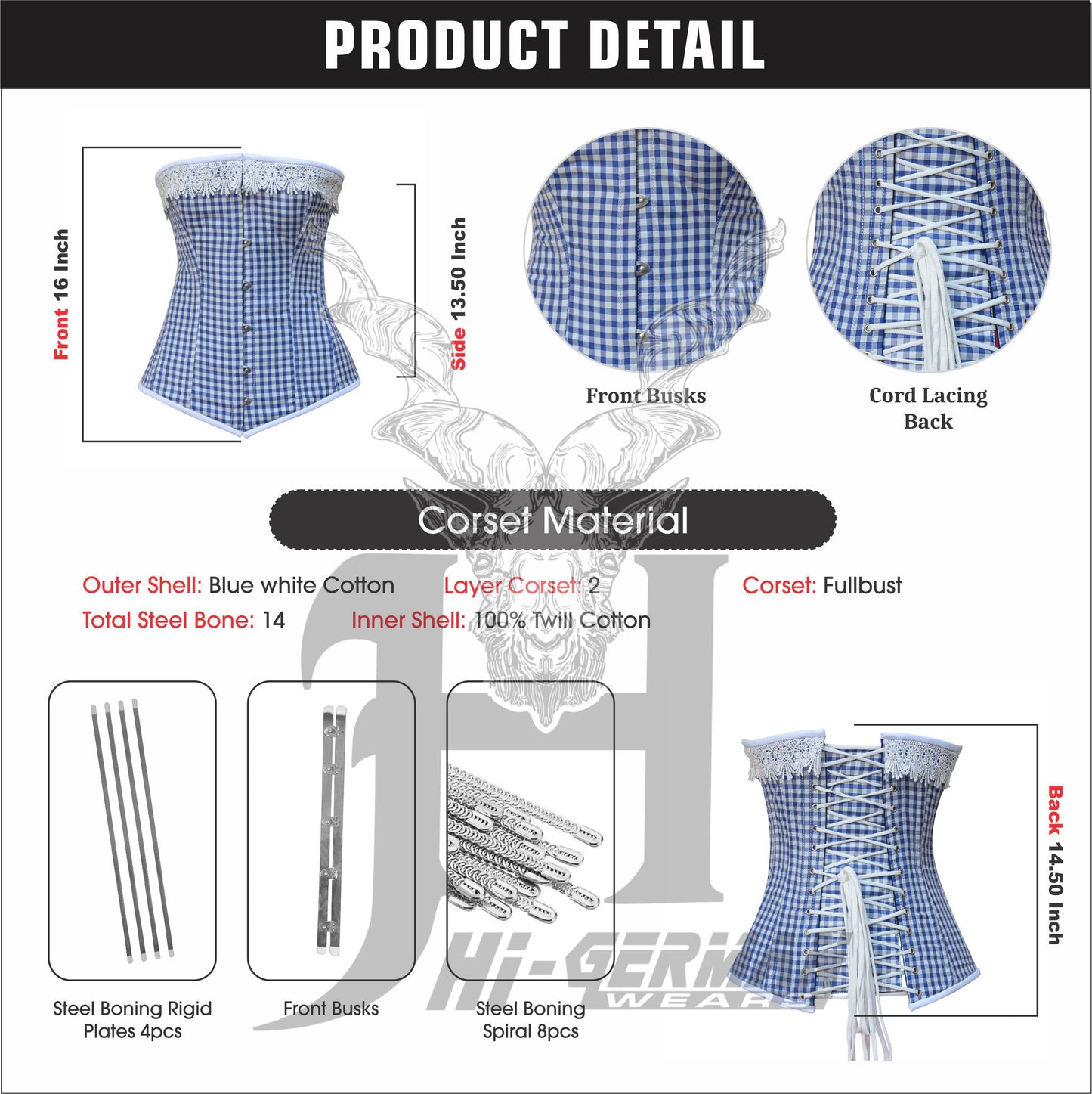 Vollbrustkorsett Damen – Blue & White Checkered Cotton Overbust Corset / Corsage