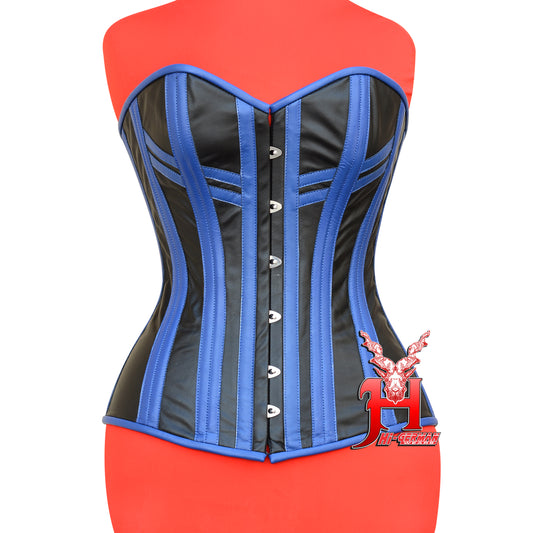 Women's Overbust Steel Boned Blue / Black Leather Corset Top Body Shaper Waist Trainer