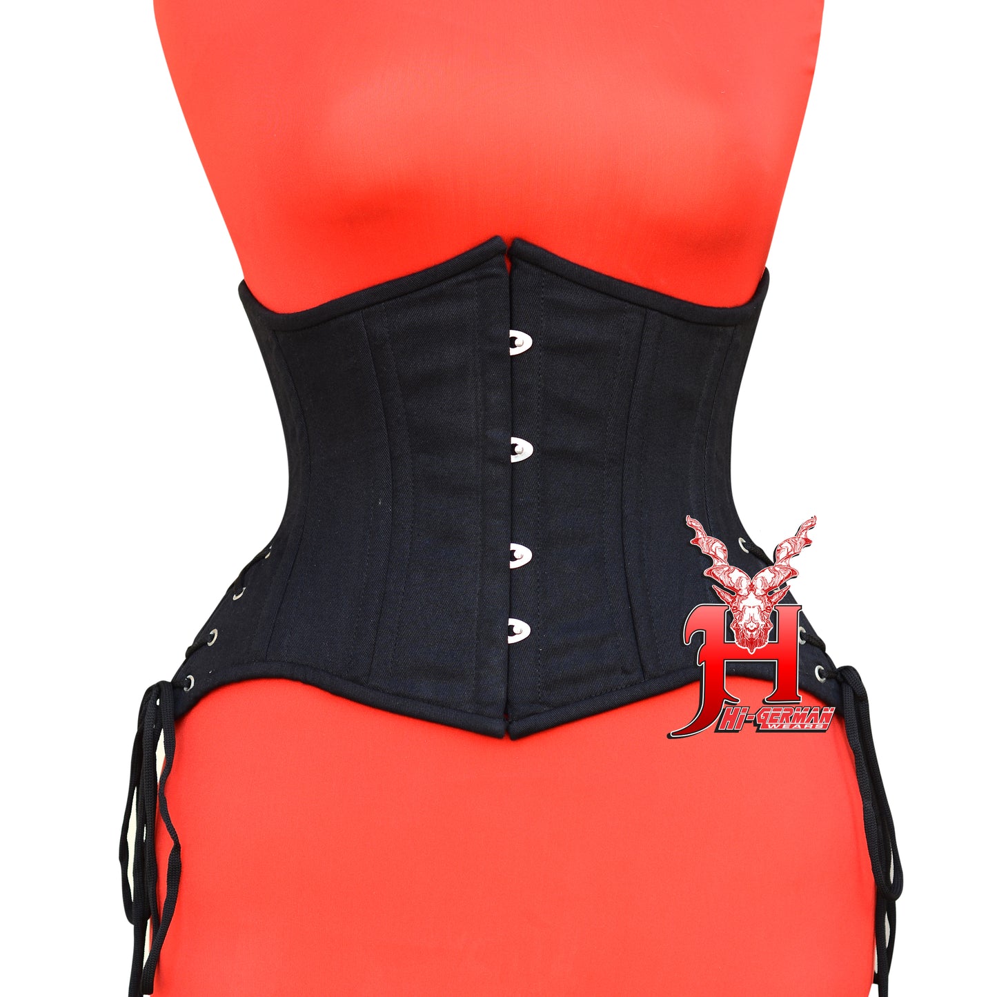 Unterbrustkorsett Damen – Black Cotton Double Steel Boned Short Torso Waist Trainer / Side Laces