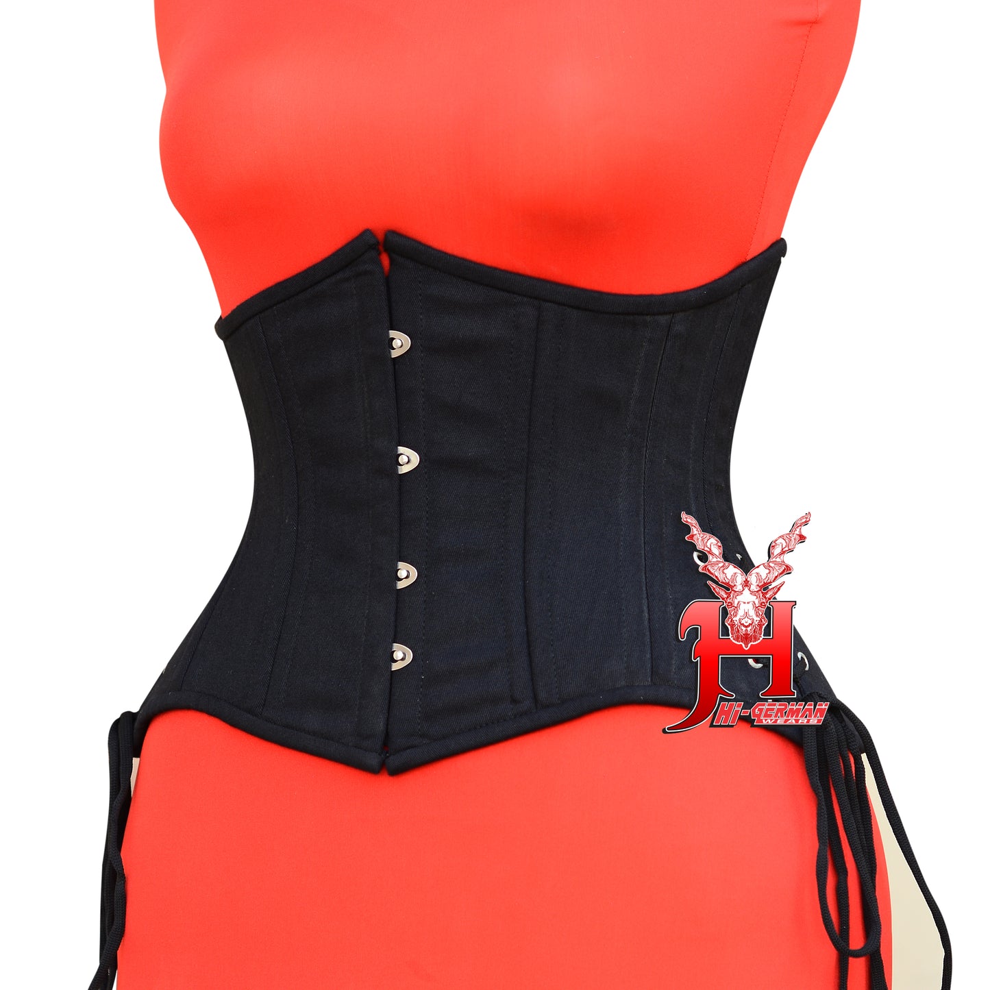 Unterbrustkorsett Damen – Black Cotton Double Steel Boned Short Torso Waist Trainer / Side Laces