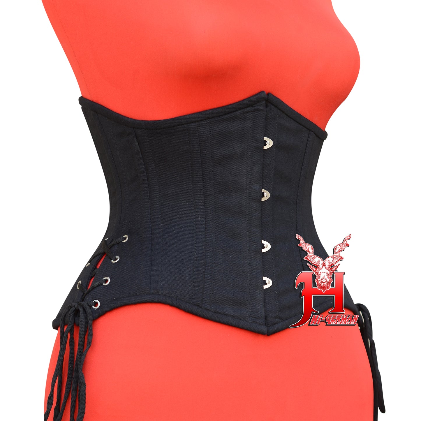 Unterbrustkorsett Damen – Black Cotton Double Steel Boned Short Torso Waist Trainer / Side Laces